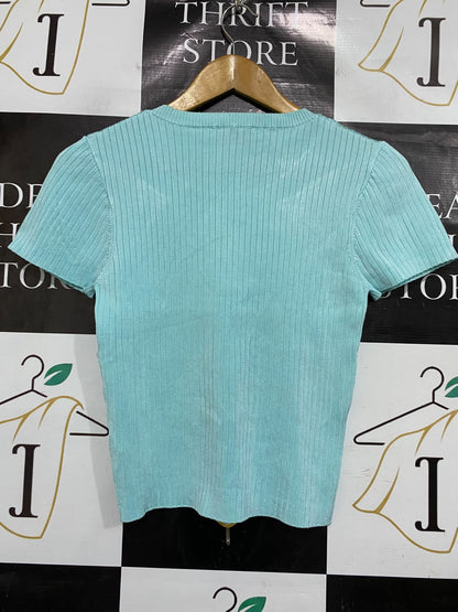 ZARA |L| BUST 14| A66| MINT GREEN RIBBED  SHORT-SLEEVE TOP