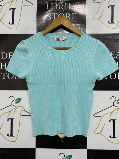 ZARA |L| BUST 14| A66| MINT GREEN RIBBED  SHORT-SLEEVE TOP
