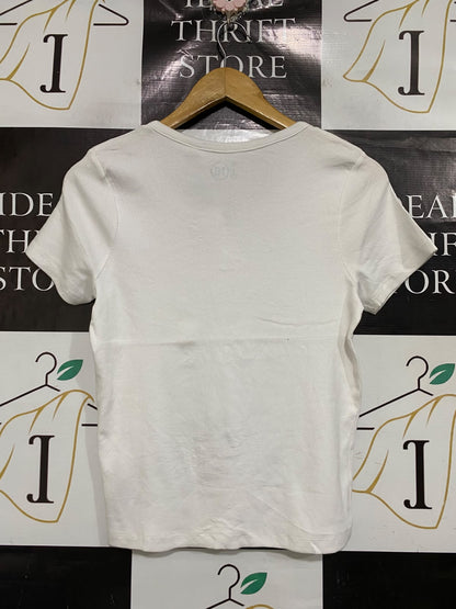 K D |S| BUST 16| A66| WHITE HENLEY-STYLE RIBBED SHORT-SLEEVE TOP