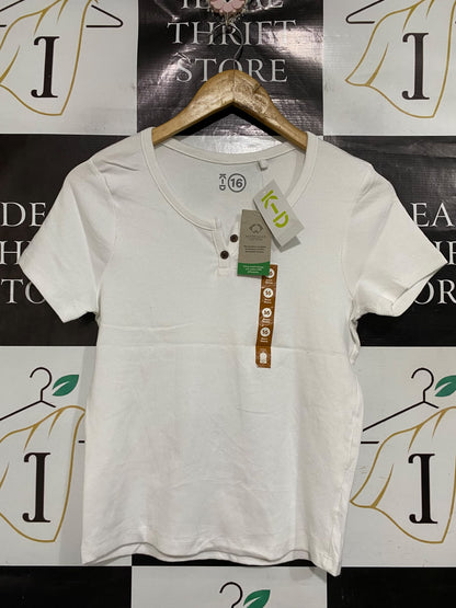 K D |S| BUST 16| A66| WHITE HENLEY-STYLE RIBBED SHORT-SLEEVE TOP