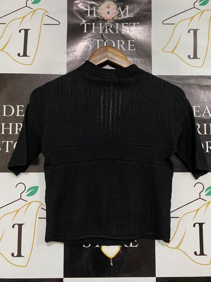 UNIQLO |M| BUST 15| A66| BLACK 3D KNIT ARCHITECTURAL RIBBED SHORT-SLEEVE TOP