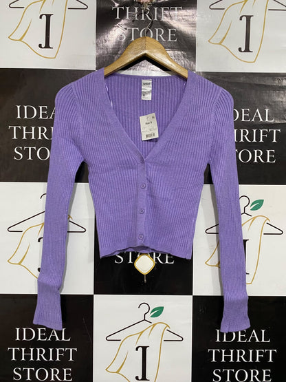 ANKO |XS| BUST 13| A66| PURPLE BUTTON-UP RIBBED LONG-SLEEVE CROP CARDIGAN