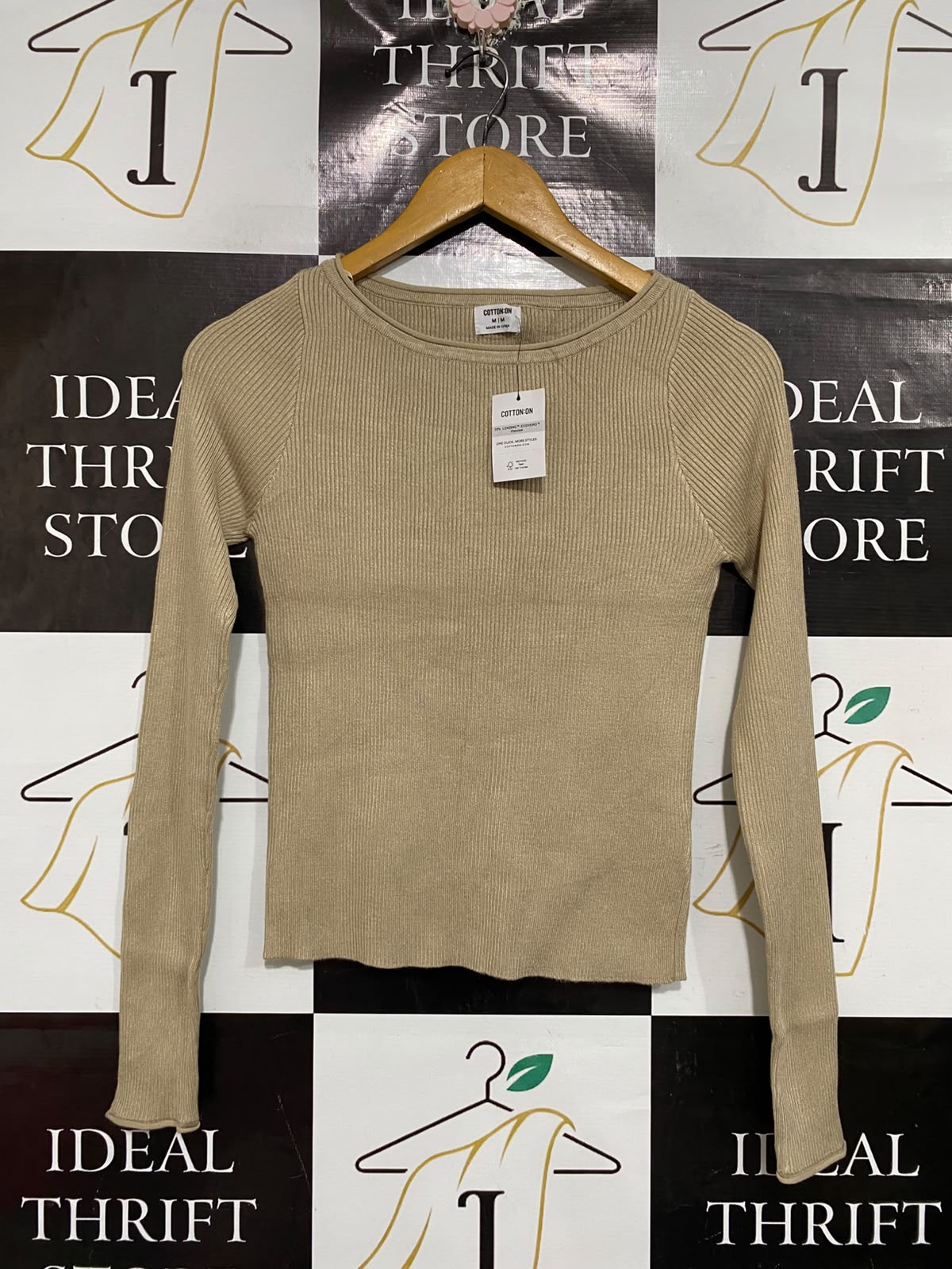 COTTON ON |M| BUST 14| A66| BEIGE SCOOP NECK RIBBED LONG-SLEEVE TOP