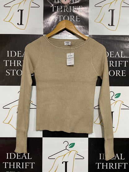 COTTON ON |M| BUST 14| A66| BEIGE SCOOP NECK RIBBED LONG-SLEEVE TOP