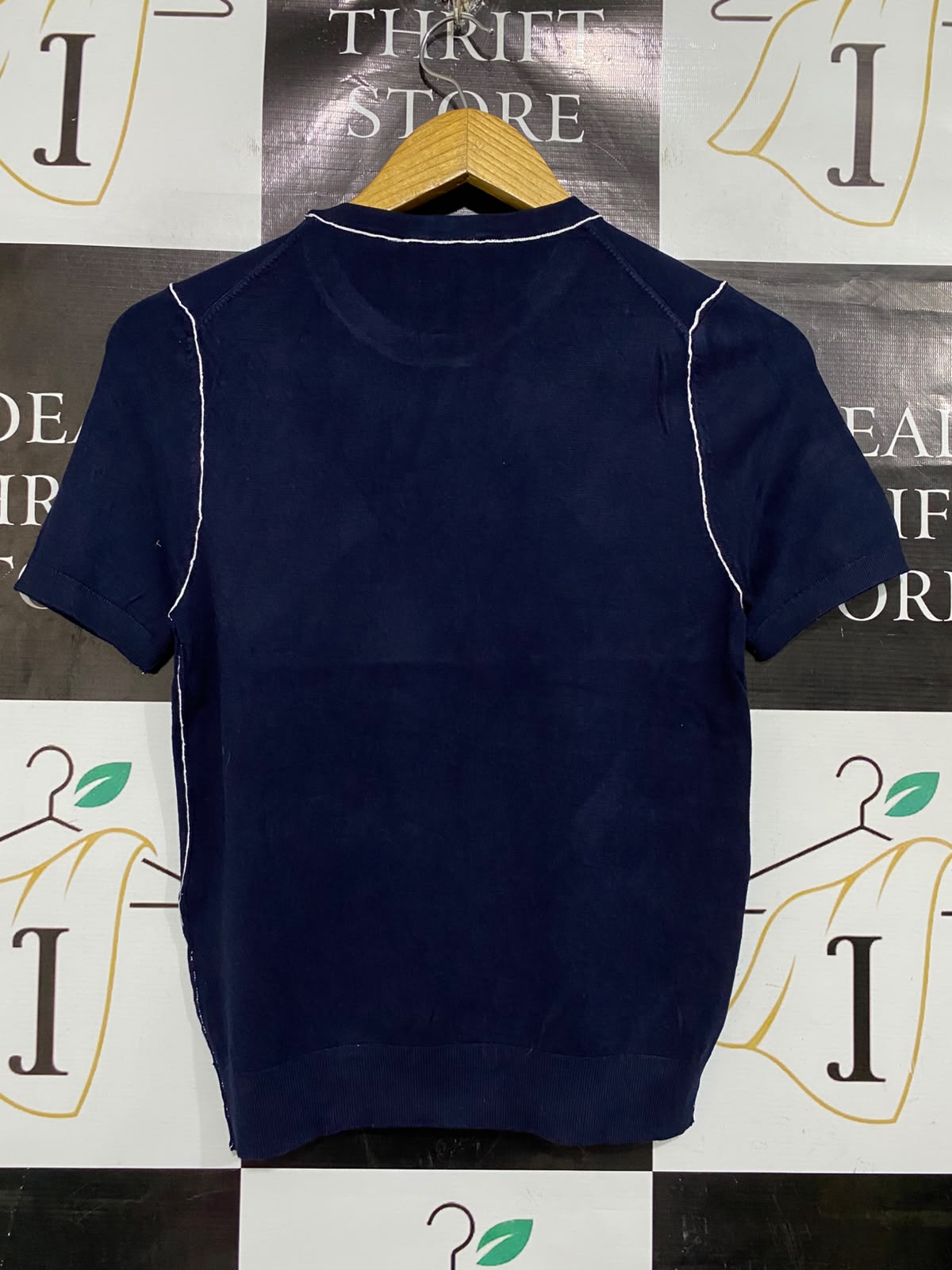 ZARA |S| BUST 15| A66| NAVY BLUE CONTRAST-STITCH  SHORT-SLEEVE TOP