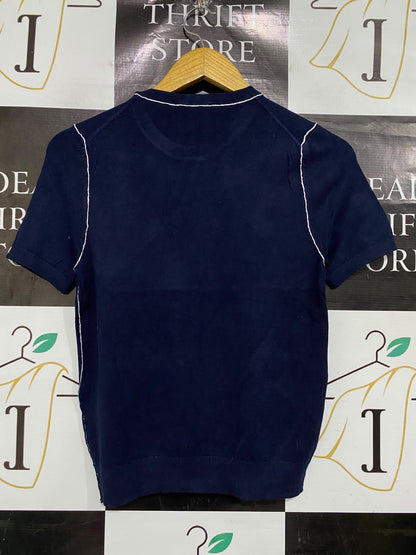 ZARA |S| BUST 15| A66| NAVY BLUE CONTRAST-STITCH  SHORT-SLEEVE TOP