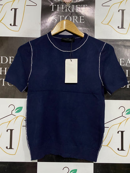 ZARA |S| BUST 15| A66| NAVY BLUE CONTRAST-STITCH  SHORT-SLEEVE TOP