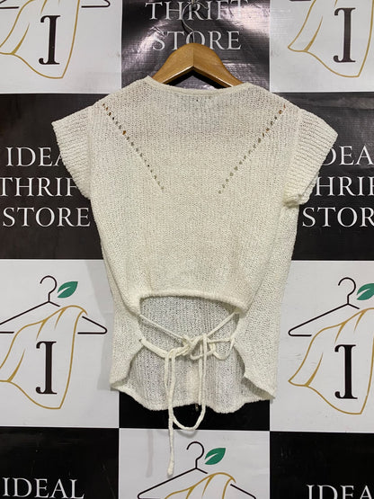 VIVIS TYPE |S| BUST 16| A66| BEIGE OPEN-KNIT POINTELLE  CAP-SLEEVE TOP