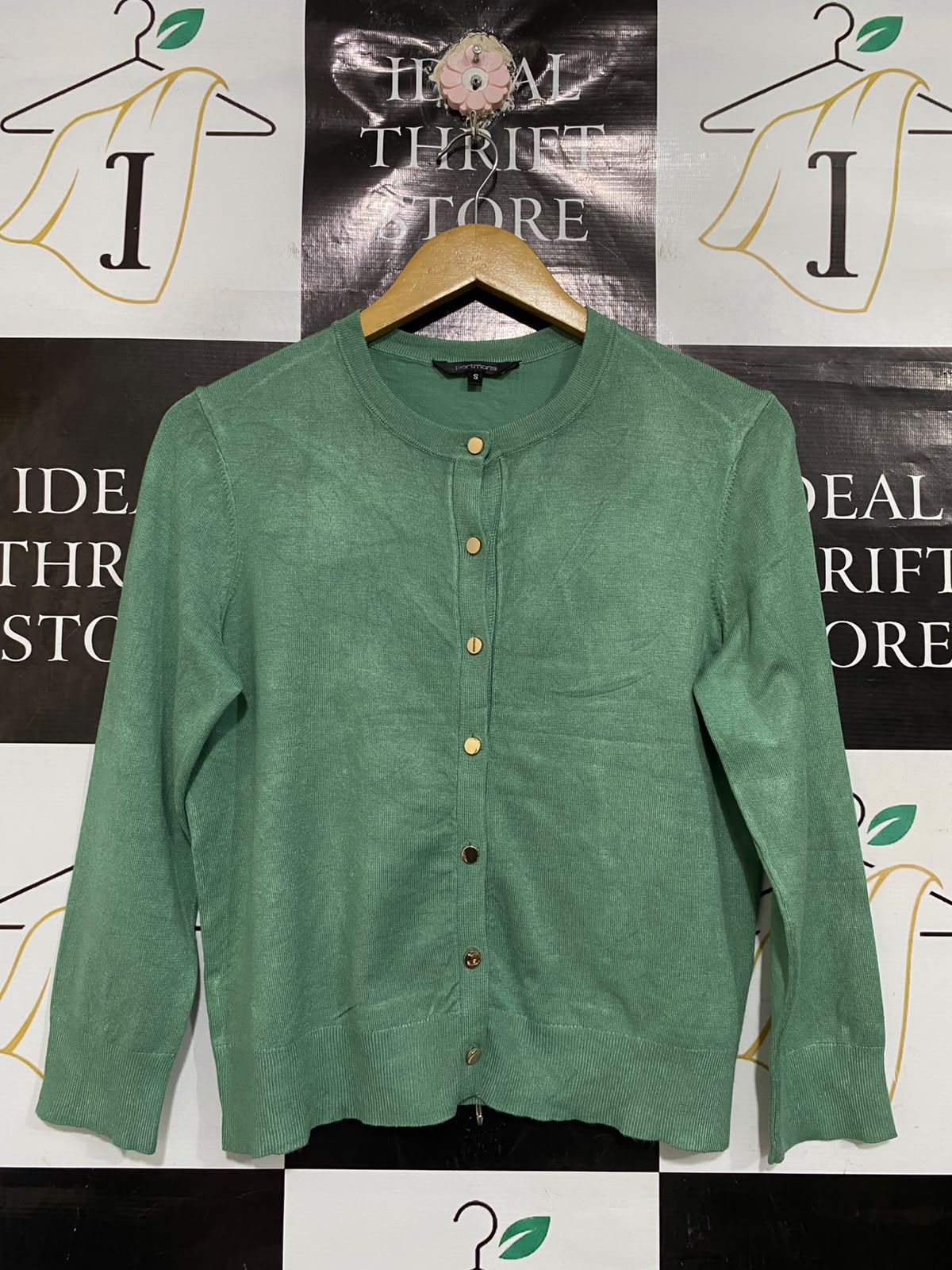 PORTMANS |S| BUST 19| A66| SAGE GREEN CREWNECK BUTTON-UP LONG-SLEEVE CARDIGAN