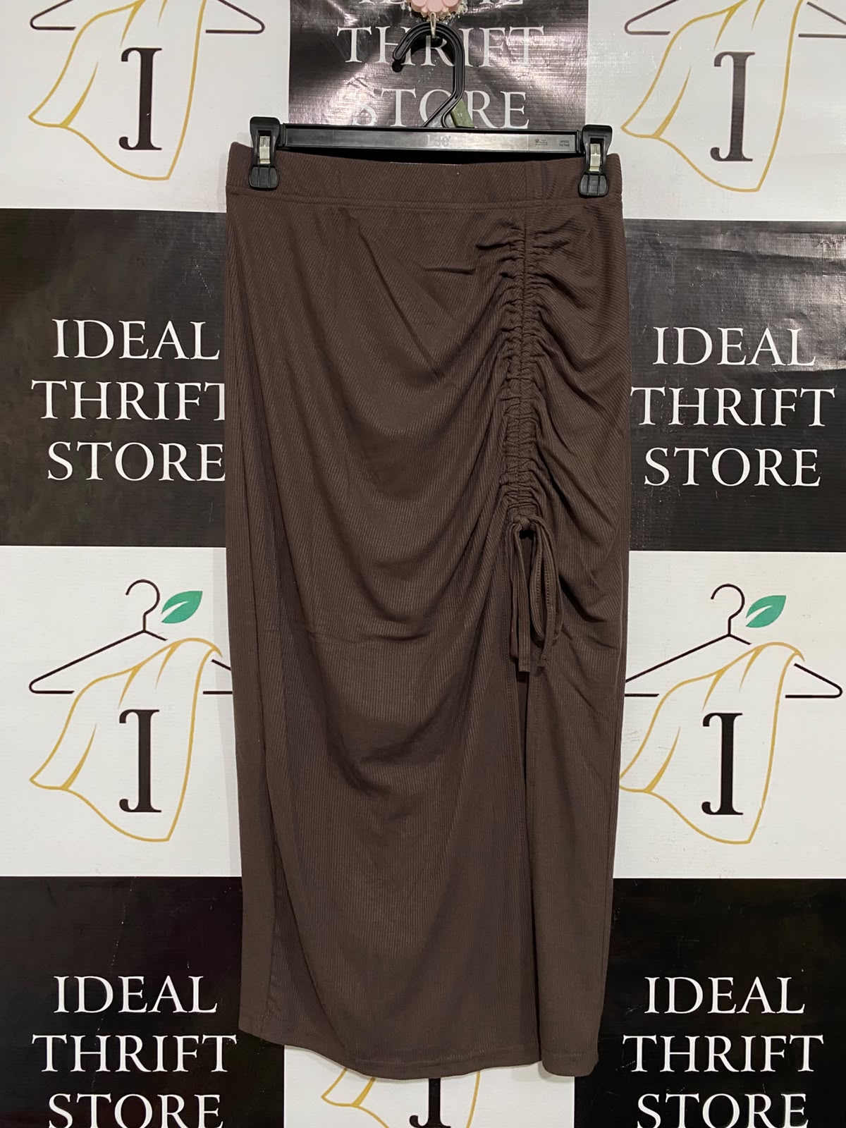 AVA & EVER |S| WAIST 26| A66| BROWN SIDE-RUCHED RIBBED MIDI SKIRT