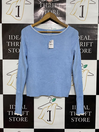 COTTON ON |L| BUST 16| A66| BLUE CONTRAST-TRIM RIBBED LONG-SLEEVE TOP