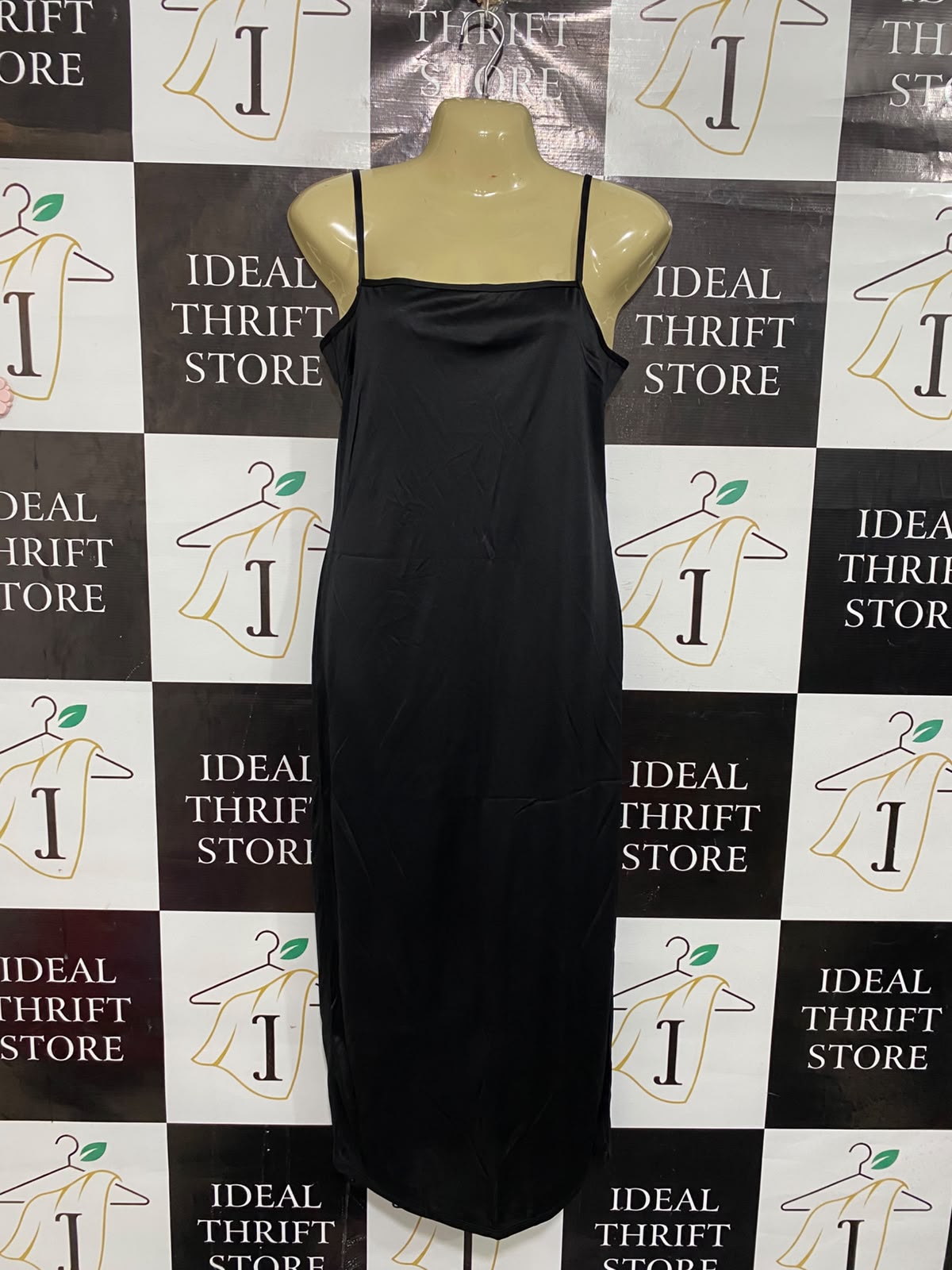 |S| BUST 16| A66| BLACK SATIN SLIP MIDI DRESS