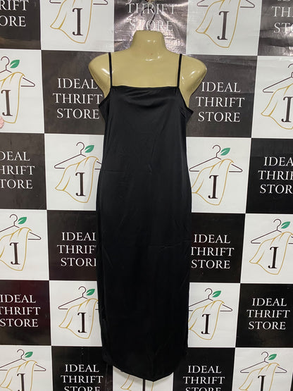 |S| BUST 16| A66| BLACK SATIN SLIP MIDI DRESS