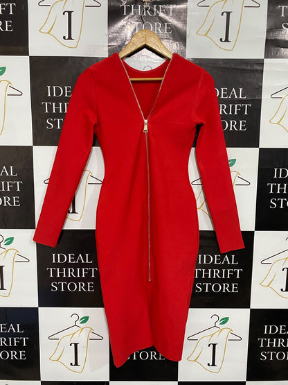 |S| BUST 14| A66| RED LONG-SLEEVE CONTOUR MIDI DRESS