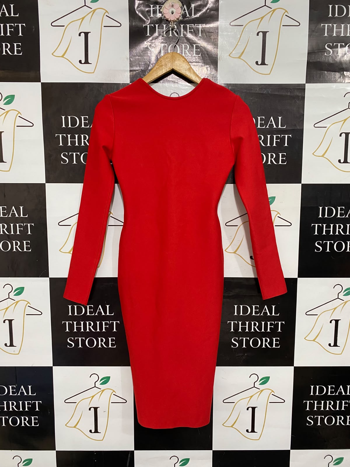 |S| BUST 14| A66| RED LONG-SLEEVE CONTOUR MIDI DRESS