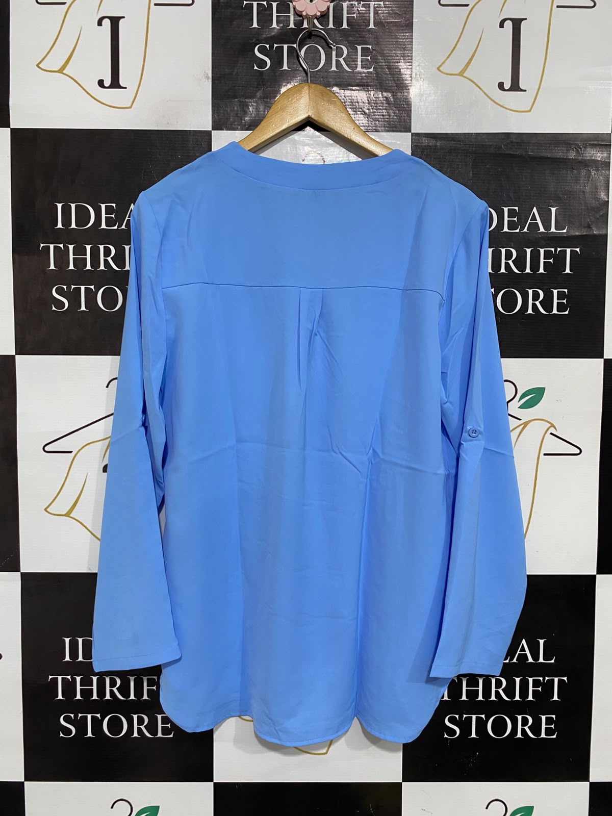 YOUTALLA |L| BUST 20| A66| BLUE V-NECK  LONG-SLEEVE BLOUSE
