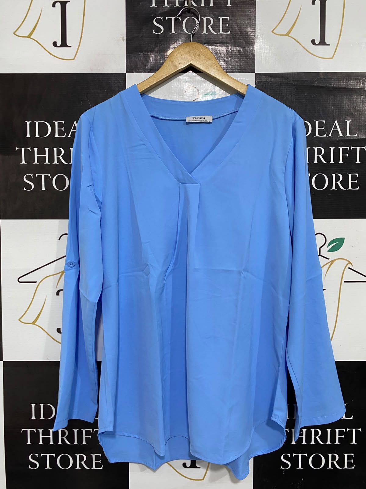 YOUTALLA |L| BUST 20| A66| BLUE V-NECK  LONG-SLEEVE BLOUSE