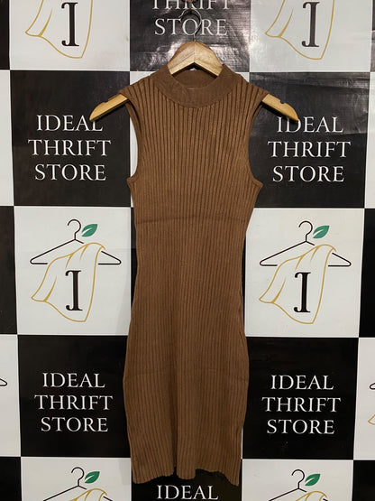 COTTON ON |XS| BUST 12| A66| BROWN MOCK-NECK RIBBED MIDI DRESS