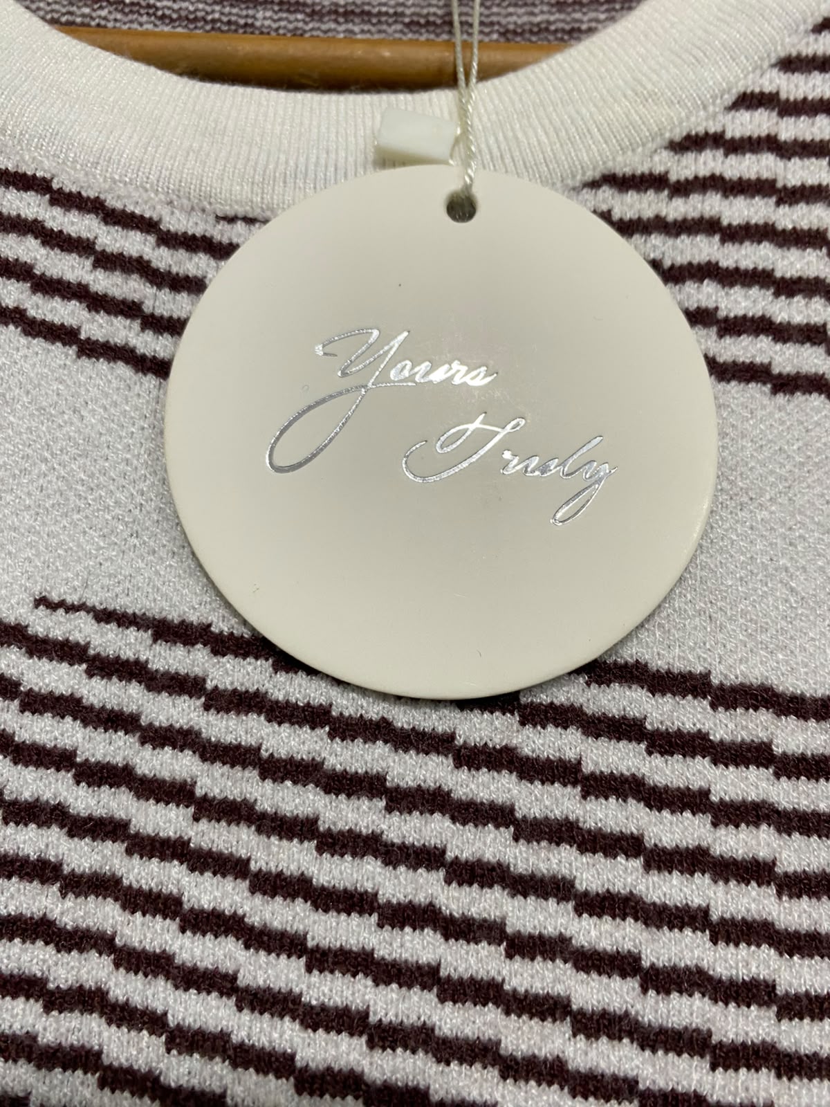 YARNA PARIS |M| BUST 15| A66| CREAM AND BROWN STRIPED CREWNECK  MIDI DRESS