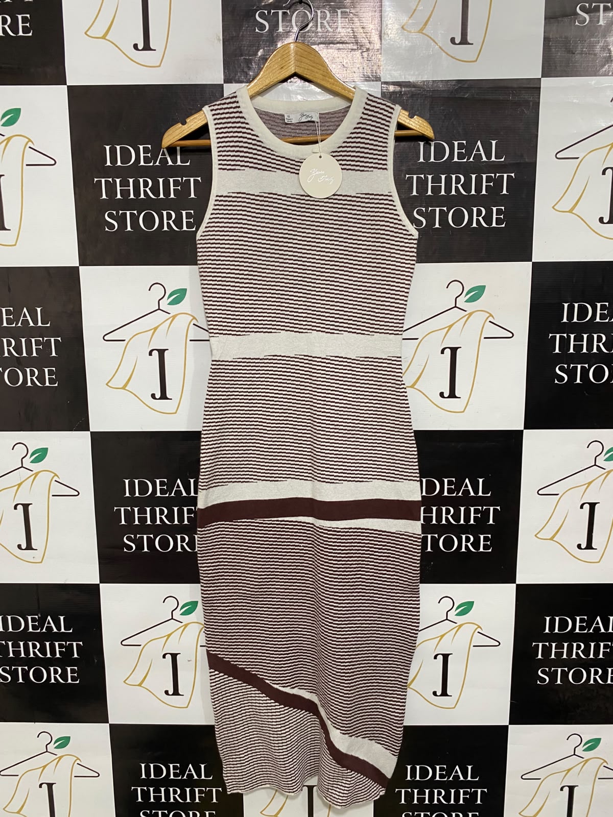 YARNA PARIS |M| BUST 15| A66| CREAM AND BROWN STRIPED CREWNECK  MIDI DRESS