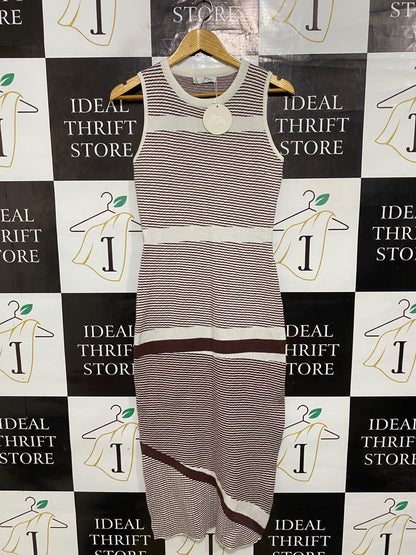 YARNA PARIS |M| BUST 15| A66| CREAM AND BROWN STRIPED CREWNECK  MIDI DRESS