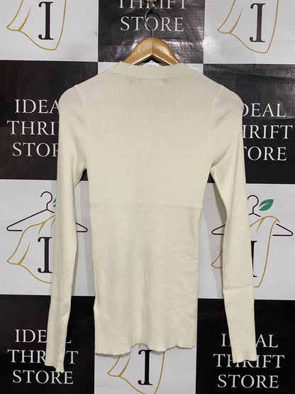 H&M |M| BUST 13| A66| OFF-WHITE RIBBED  LONG-SLEEVE HENLEY TOP