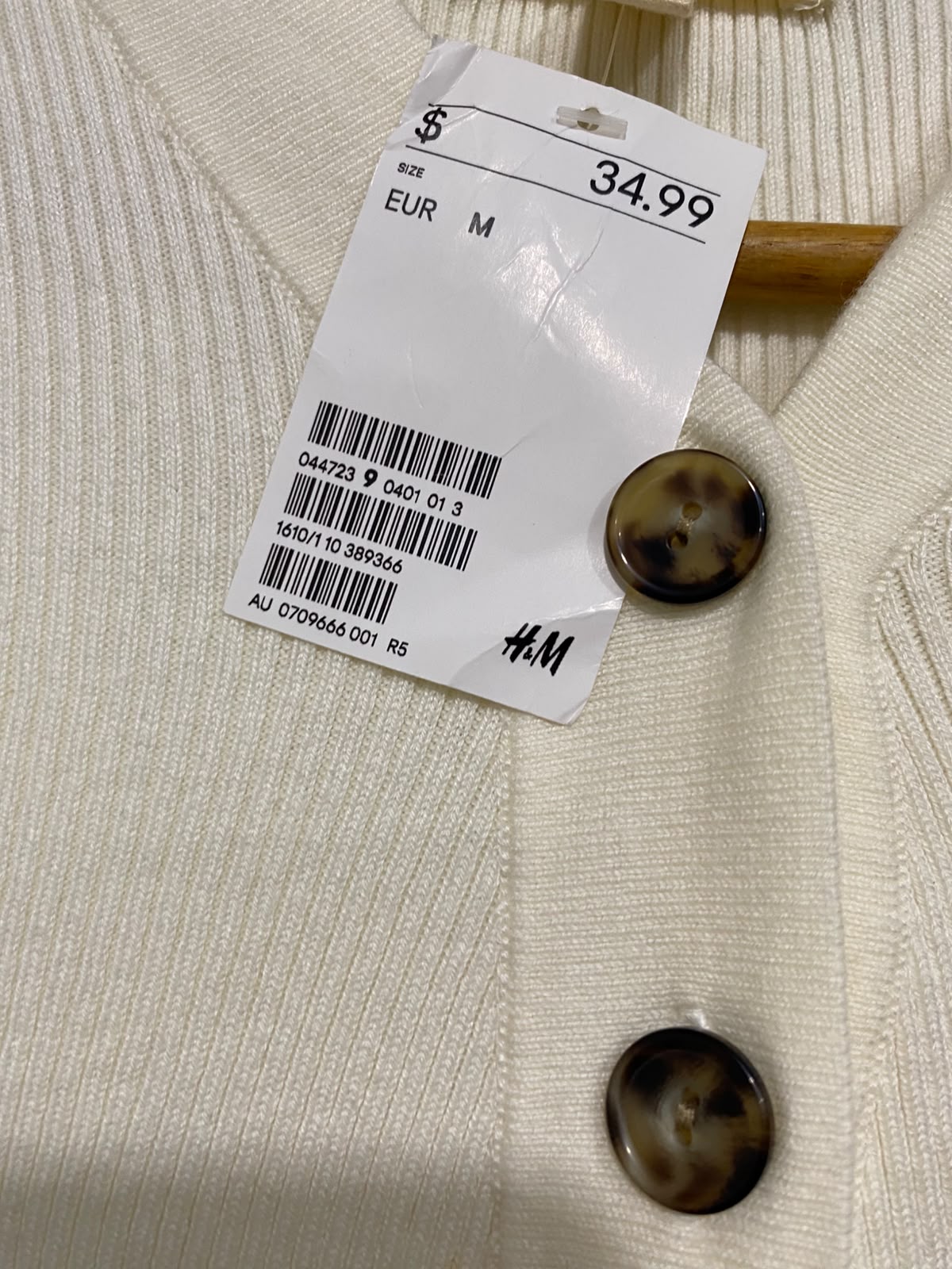 H&M |M| BUST 13| A66| OFF-WHITE RIBBED  LONG-SLEEVE HENLEY TOP