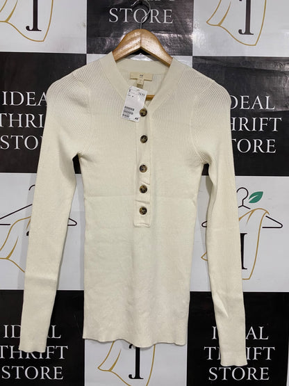 H&M |M| BUST 13| A66| OFF-WHITE RIBBED  LONG-SLEEVE HENLEY TOP