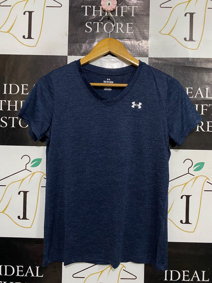 UNDER ARMOUR |XS| BUST 17| A66| NAVY BLUE HEATHERED V-NECK  T-SHIRT