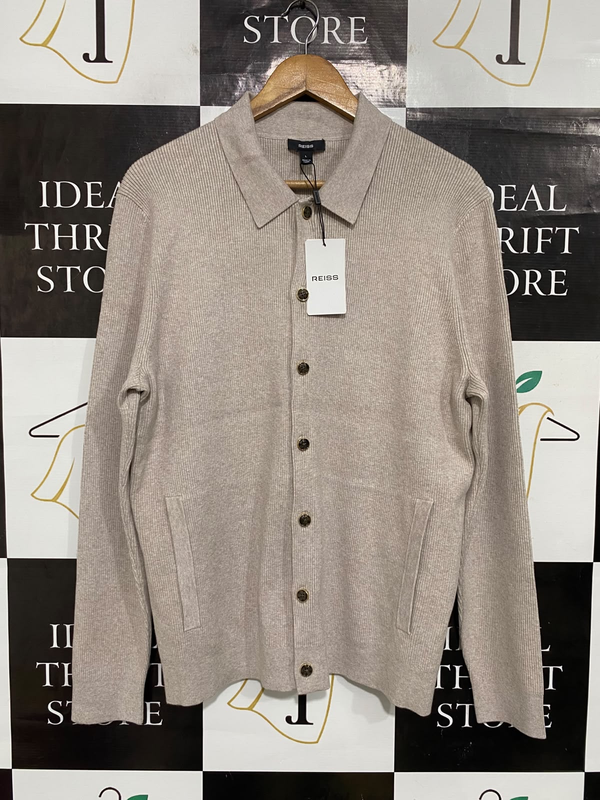 REISS |L| BUST 20| A66| OATMEAL COLLARED RIBBED  BUTTON-UP CARDIGAN