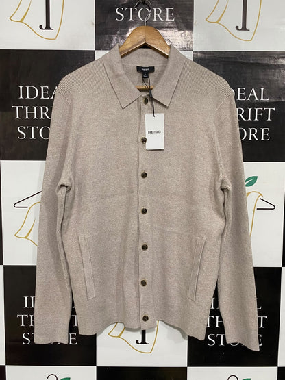 REISS |L| BUST 20| A66| OATMEAL COLLARED RIBBED  BUTTON-UP CARDIGAN