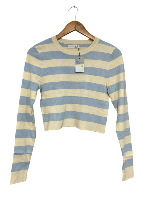 PRIMARK CARES |M| BUST 15| A66| BABY BLUE & CREAM STRIPED LONG-SLEEVE CROP TOP