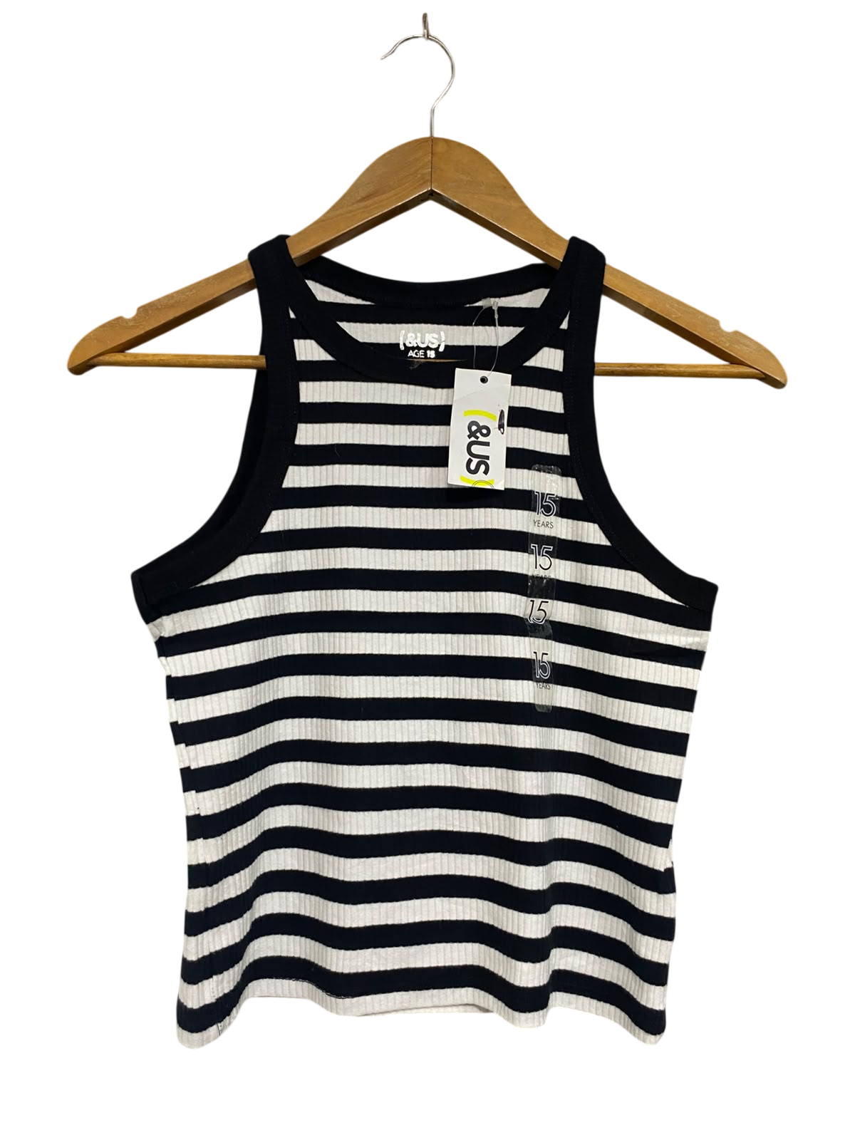 & US |XS| BUST 15| A66| BLACK & WHITE STRIPED RIBBED TANK TOP