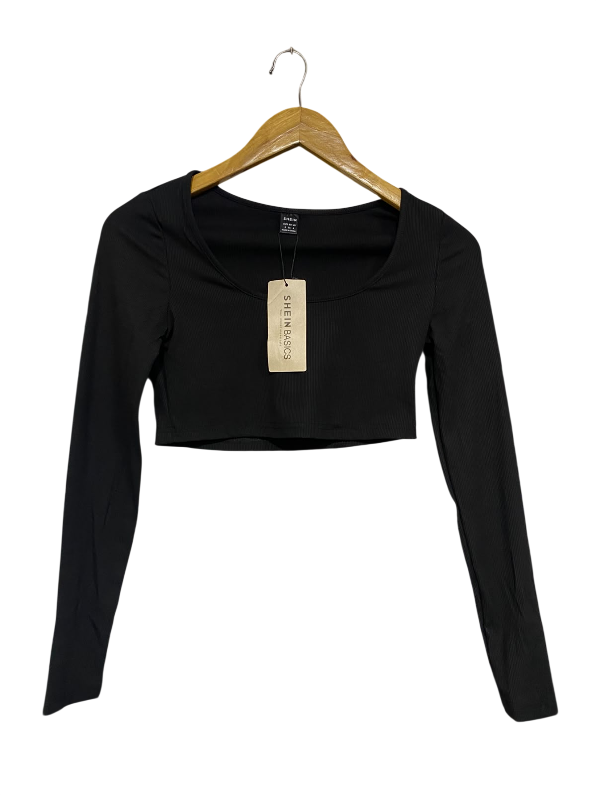 SHEIN |S| BUST 14| A66| BASICS BLACK U-NECK LONG-SLEEVE CROP TOP