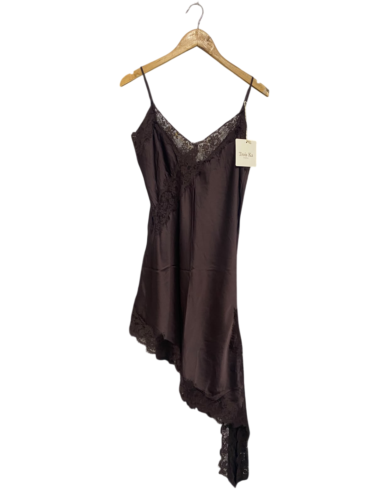 TROIS KA |S| BUST 17| A67| PARIS DARK BROWN LACE TRIM ASYMMETRIC SLIP DRESS