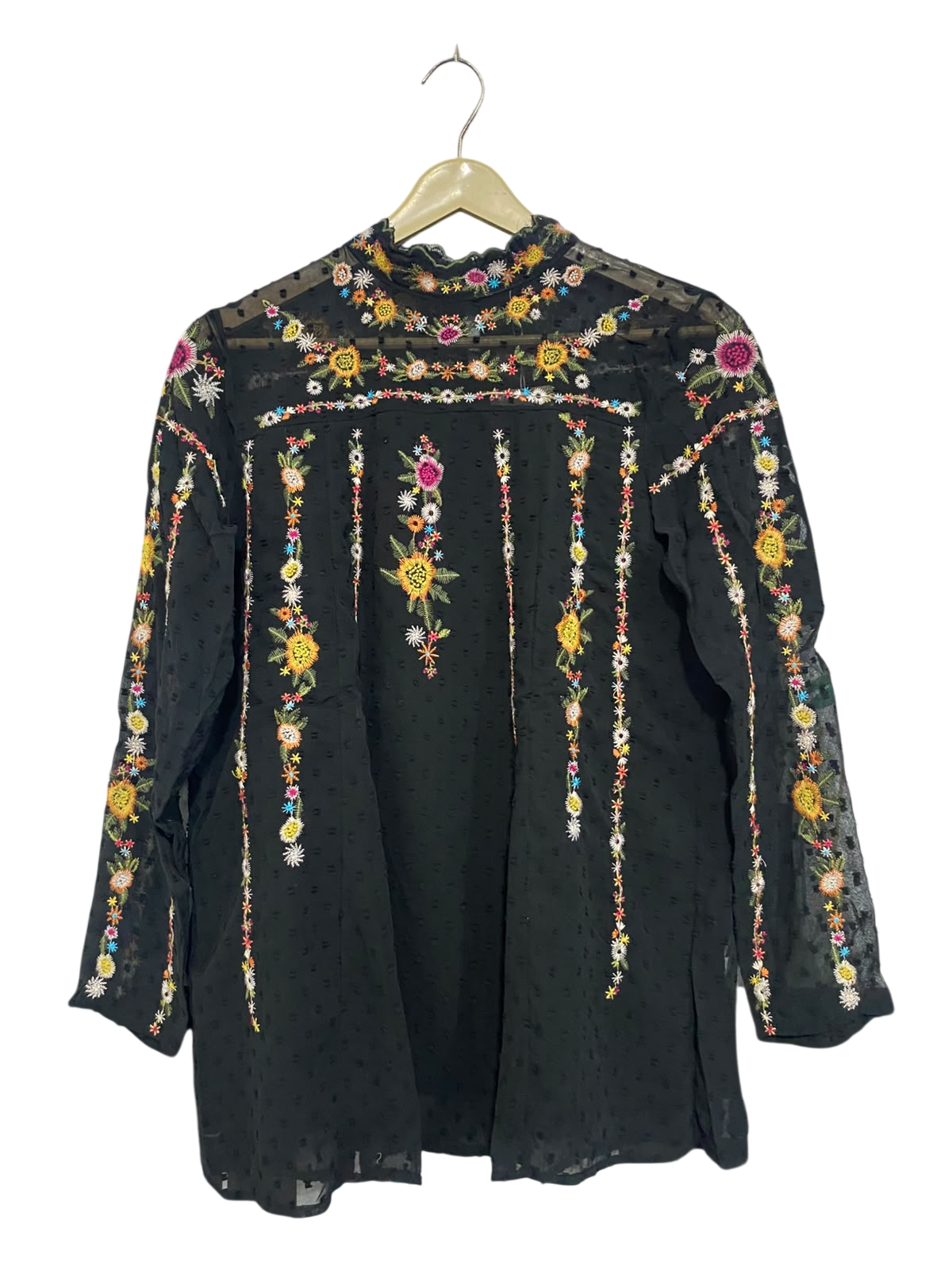 ZARA BASIC |L| BUST 20| A67| ELEGANT BLACK EMBROIDERED HIGH-NECK BOHO BLOUSE