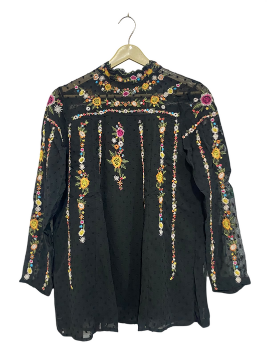 ZARA BASIC |L| BUST 20| A67| ELEGANT BLACK EMBROIDERED HIGH-NECK BOHO BLOUSE