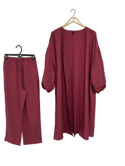 SHEIN |S| A67| CHIC MAROON PUFF-SLEEVE KIMONO CARDIGAN & TROUSER SET