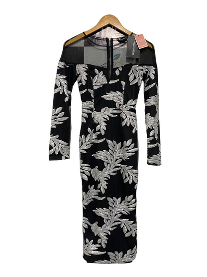 PRETTYLITTLE THING |S| BUST 14| A67| BLACK & SILVER SEQUIN MESH BODYCON MIDI DRESS