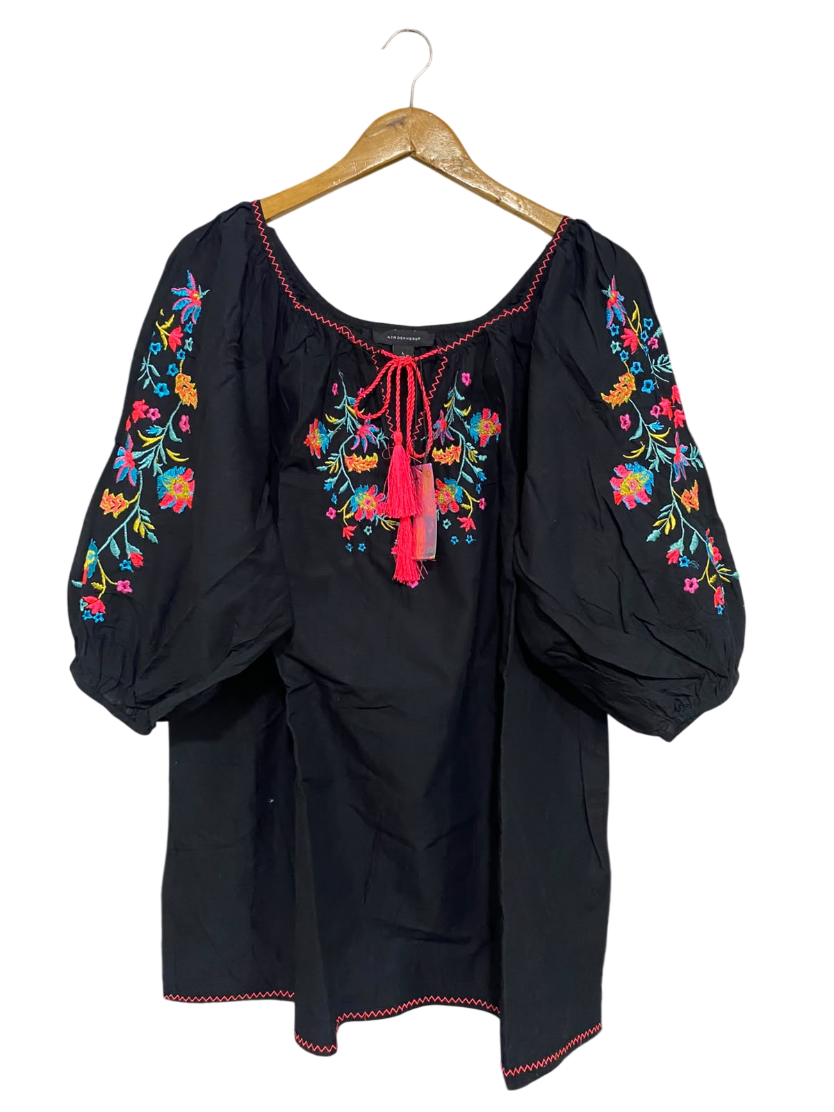 ATMOSPHERE |L| BUST 22| A67| EMBROIDERED BLACK BOHO BLOUSE WITH TASSELS