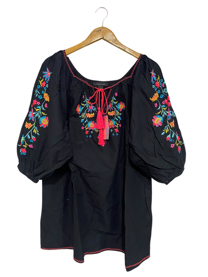 ATMOSPHERE |L| BUST 22| A67| EMBROIDERED BLACK BOHO BLOUSE WITH TASSELS
