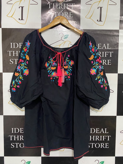 ATMOSPHERE |L| BUST 22| A67| EMBROIDERED BLACK BOHO BLOUSE WITH TASSELS