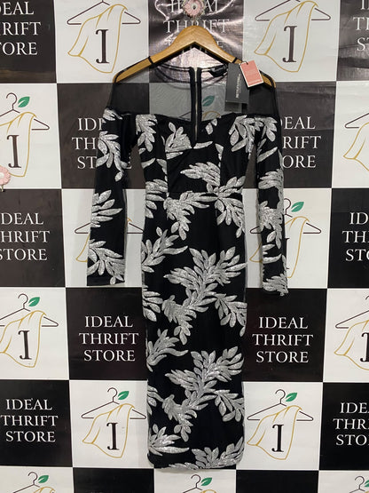 PRETTYLITTLE THING |S| BUST 14| A67| BLACK & SILVER SEQUIN MESH BODYCON MIDI DRESS