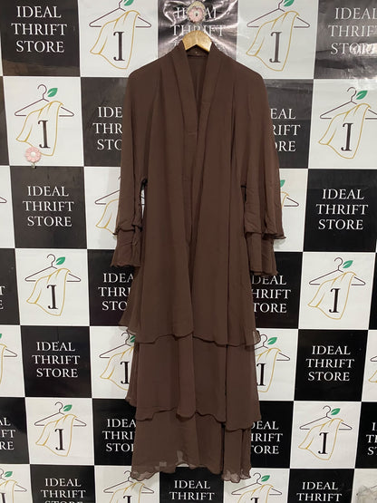 |XL| BUST 26| A67| ELEGANT CHOCOLATE BROWN TIERED CHIFFON MAXI DRESS / ABAYA