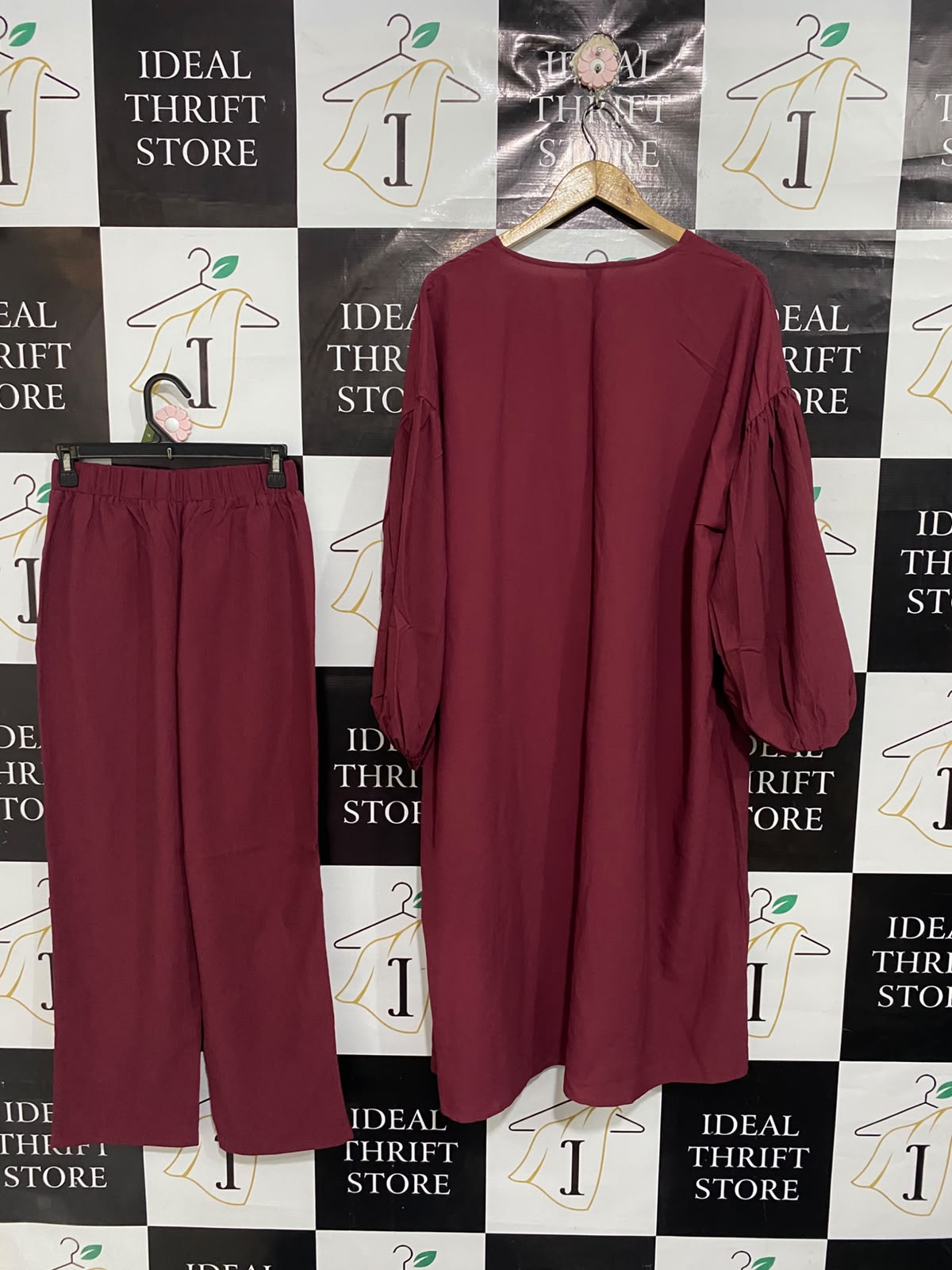 SHEIN |S| A67| CHIC MAROON PUFF-SLEEVE KIMONO CARDIGAN & TROUSER SET