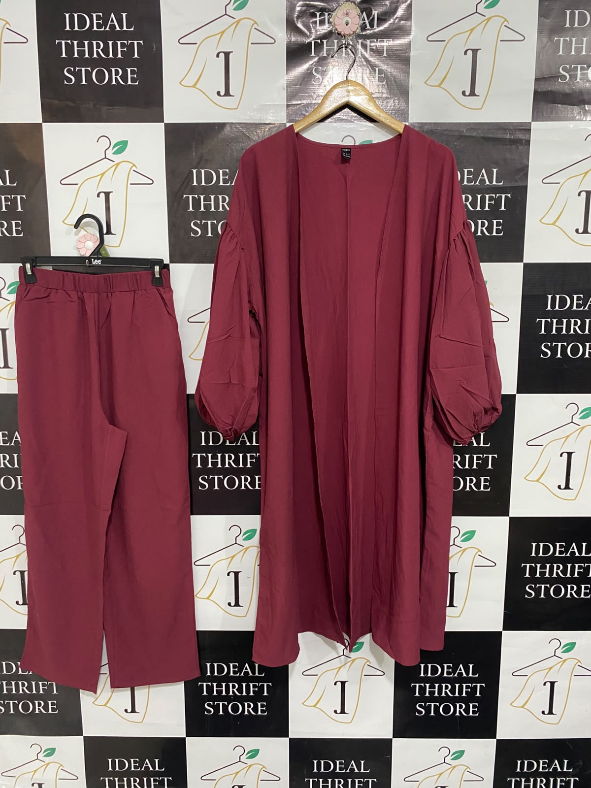 SHEIN |S| A67| CHIC MAROON PUFF-SLEEVE KIMONO CARDIGAN & TROUSER SET