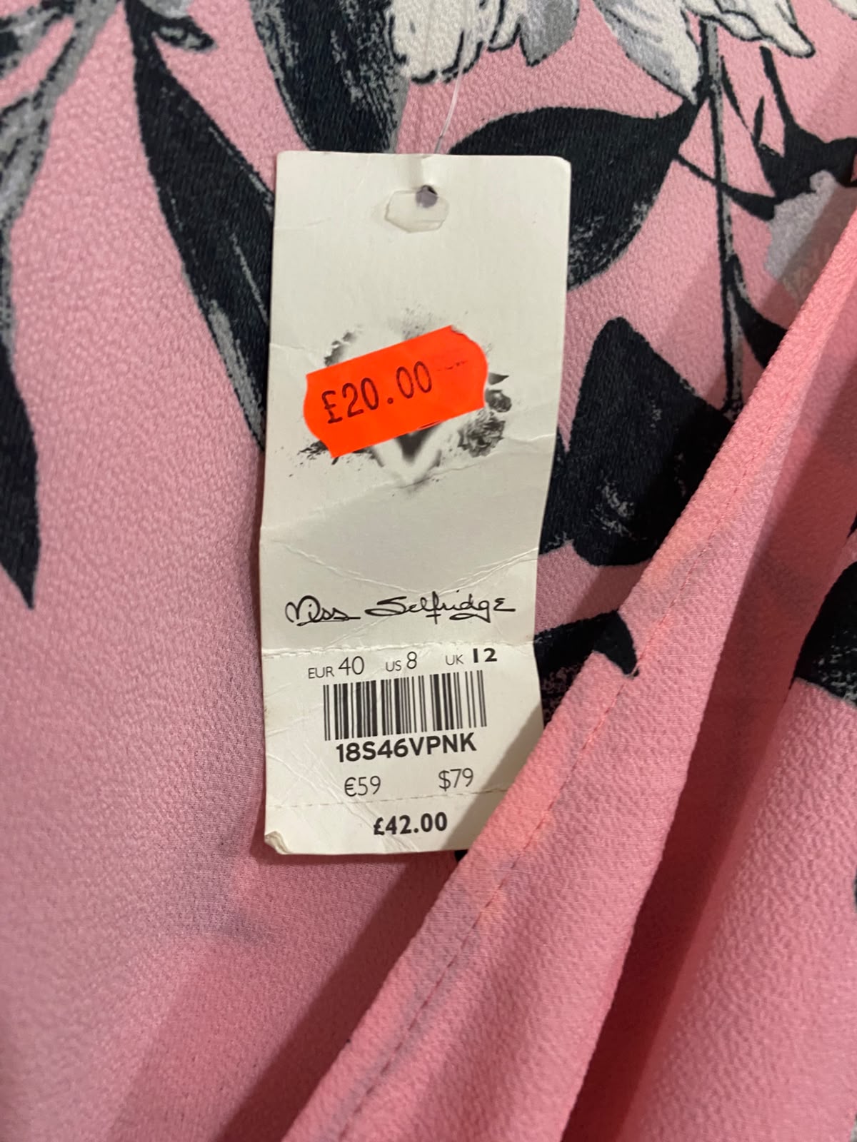 MISS SELFIDGE |M| BUST 19| A67| PINK FLORAL WRAP MIDI DRESS WITH RUFFLED SLEEVES