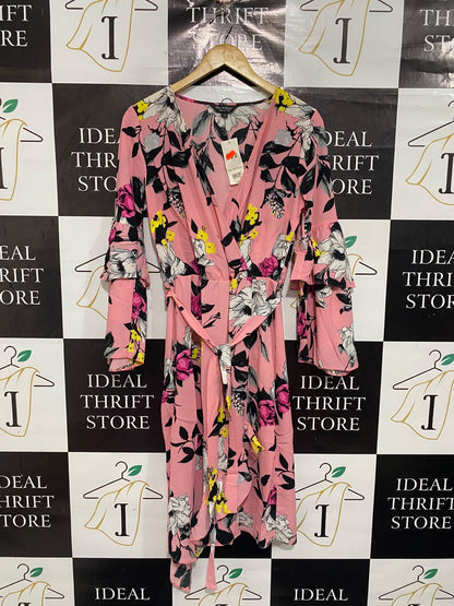 MISS SELFIDGE |M| BUST 19| A67| PINK FLORAL WRAP MIDI DRESS WITH RUFFLED SLEEVES