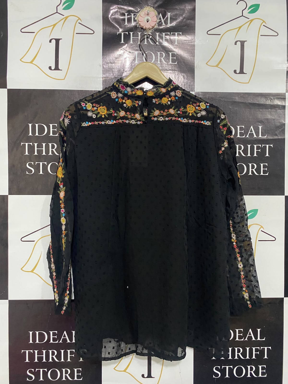 ZARA BASIC |L| BUST 20| A67| ELEGANT BLACK EMBROIDERED HIGH-NECK BOHO BLOUSE