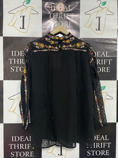 ZARA BASIC |L| BUST 20| A67| ELEGANT BLACK EMBROIDERED HIGH-NECK BOHO BLOUSE